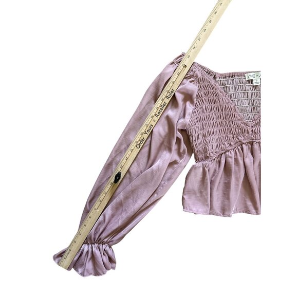 She + Sky Blouse Mauve Size S Smocked Puff Sleeve Ruffle Hem Dusty Rose Pink - Picture 4 of 6